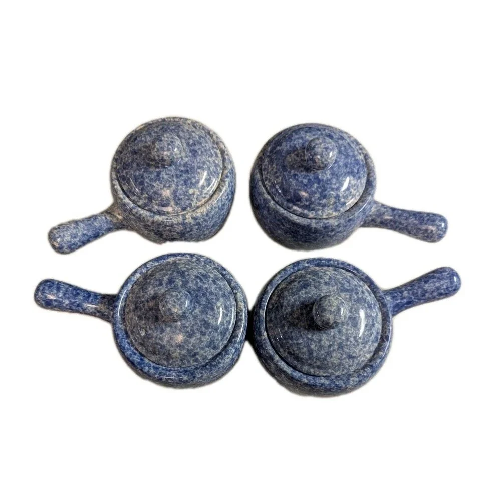 Vintage Bleu Co Gailst Blue Spongeware Lidded Soup Crocks - Set of 4 - Picture 2 of 15